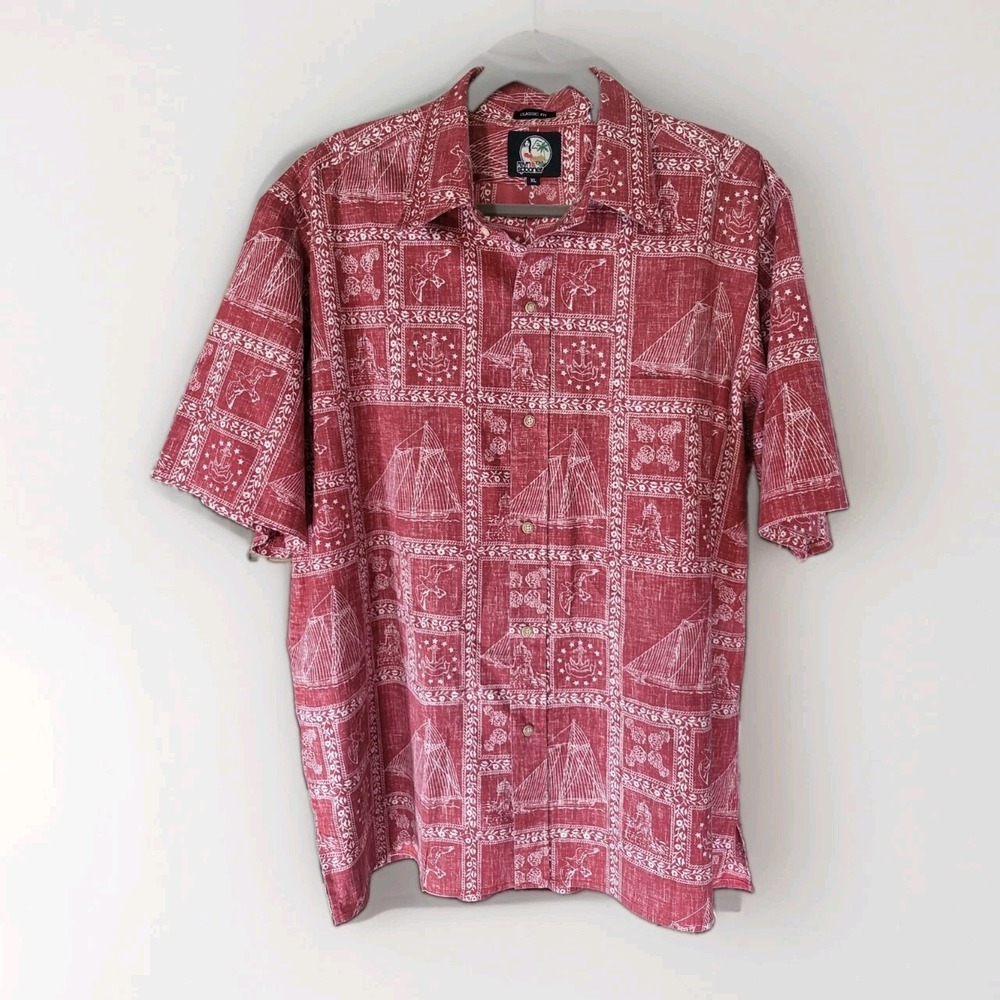 Reyn Spooner Hawaiian Aloha Shirt Button Down Schooner Mens XL Cotton Poly